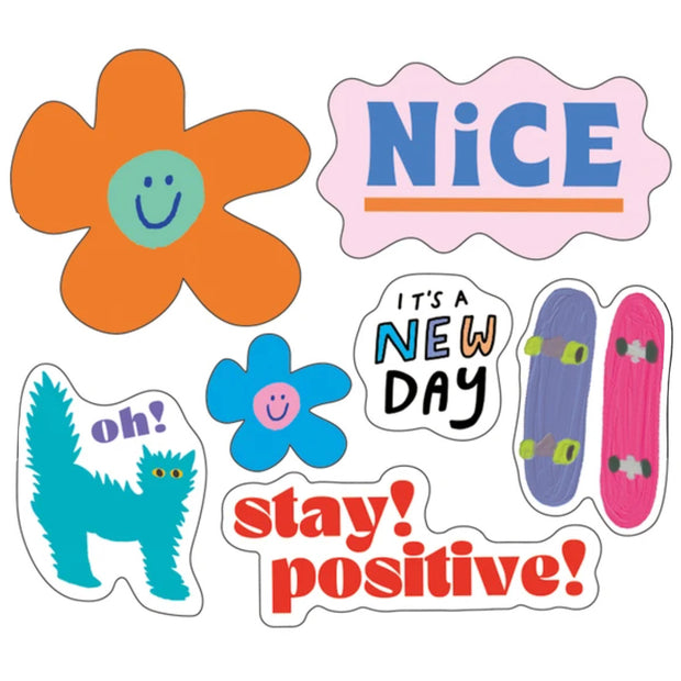 Set of 7 different, brightly designed stickers featuring imagery such as skateboards, cats, flowers and positive epithets.