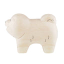 Wooden figurine of a fluffy chow chow dog, standing with its mouth open in a smile.