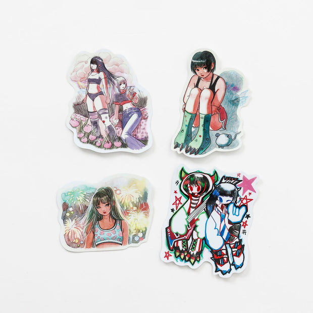 4 stickers, drawn in 2 different styles mostly with girls as subject matter, in various settings and with slight monster qualities in some.