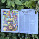 Open magazine spread of a colorful illustration accompanied by an article on seed planting.