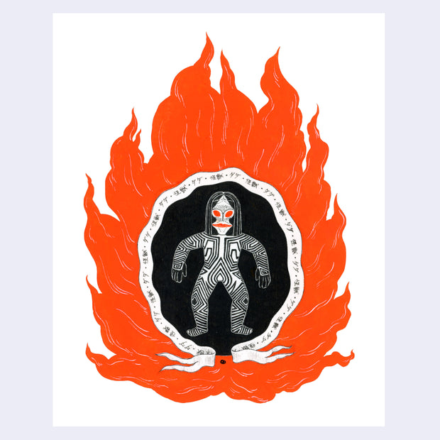 Illustrative painting of Dada kaiju, standing with its arms out to its sides, on a black background surrounded by a scroll with written script and cut out bright orange flames.