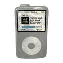 A hand-painted ceramic mug shaped like an iPod nano, featuring a silver body with a white circular clicker and a screen displaying 'Now Playing' with the text 'Verdis Que Daft Punk Discovery'.