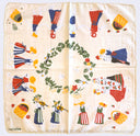 Fabric with traditional figures and floral patterns, featuring the brand 'Harasa'.