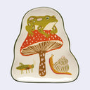 Ceramic plate with a frog on a mushroom design on a light purple background