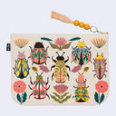 Embroidered pouch with beetle and flower design on a white background