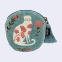 Round teal blue coin pouch with a tassel attached to the zipper. It has a design of a cat on it with flowers.