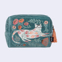 Rectangular teal pouch with embroidery of a cat on it with floral elements around and on the cat itself. 
