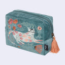 Rectangular teal pouch with embroidery of a cat on it with floral elements around and on the cat itself. 