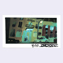 Painting based on a film still from 1 Hour Photo of an apartment building or warehouse, seen from the outside with cool blue night lighting.