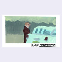 Painting based on a film still from Capote of a man standing in from of a 1960s era car.