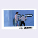 Painting based on a film still from Dazed and Confused of 2 men standing against a blue wall, one holds a wooden paddle and the other has his arms splayed out onto the wall.