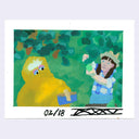 Painting based on a film still from Follow that Bird of Big Bird picking pears from a tree while holding a blue basket, alongside a brunette girl dressed in blue.