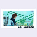 Painting based on a film still from Footloose of a man, seen from the side, leaning up against a white car, which is mostly out of the frame aside form its side windows. 