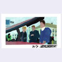 Painting based on a film still from Good Will Hunting of 3 faceless men, standing looking into the trunk of a car.