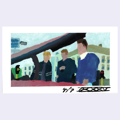Painting based on a film still from Good Will Hunting of 3 faceless men, standing looking into the trunk of a car.