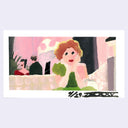 Painting based on a film still from Hail Caesar of a woman with short red hair, a green ball gown and long white gloves, resting her head in her hands.