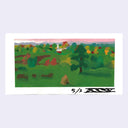 Painting based on a film still from Little Women of a lush grassy outdoor setting.