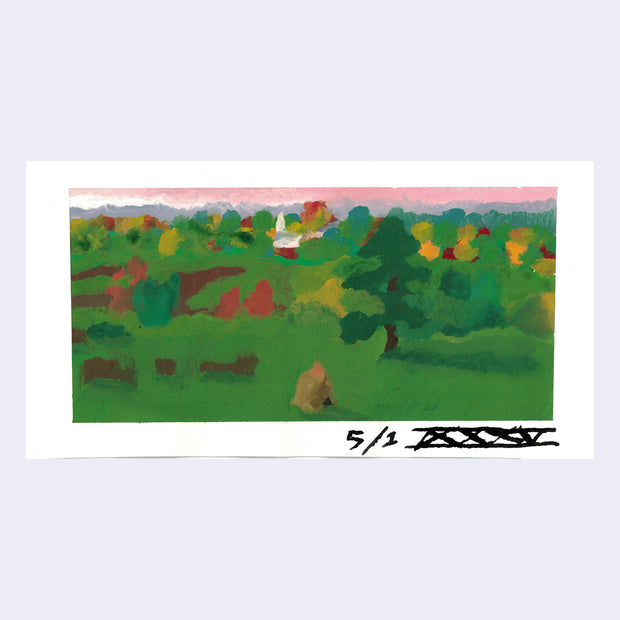 Painting based on a film still from Little Women of a lush grassy outdoor setting.