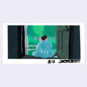 Painting based on a film still from Little Women of 2 girls in white dresses, made blue in the lighting, sitting in a doorway.