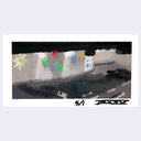 Painting based on a film still from The Big Lebowski of a parking lot, with neon colored star decals on the wall of the nearby building.