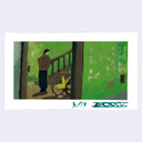 Painting based on a film still of a man standing in a green hallway, with his back facing the viewer.