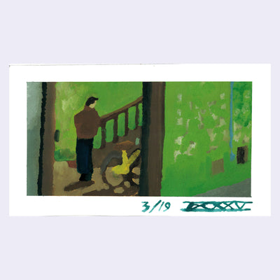 Painting based on a film still of a man standing in a green hallway, with his back facing the viewer.