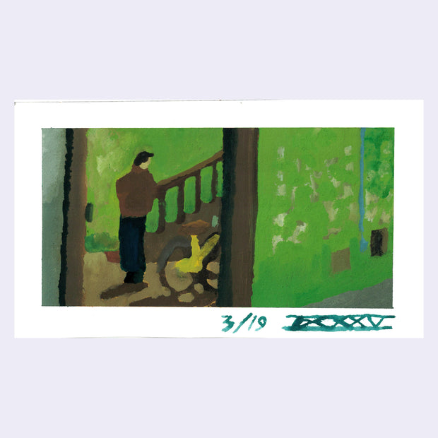 Painting based on a film still of a man standing in a green hallway, with his back facing the viewer.