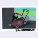 Cartoon toucan driving a lawnmower with a colorful background