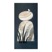 Collage style painting on solid dark gray background of a stack of 2 large rocks, with stark white and brown abstract marbling patterns. A white butterfly rests atop the top rock and a silhouette of tall grass is in front of the rock, bottom left. 