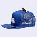 Dark Blue cap with white embroidered design of a robot head, blue mesh backing and side stitching that reads "giant robot" in cursive.