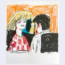 Stylistically messy drawing of a couple sitting in a booth at a restaurant across from one another.