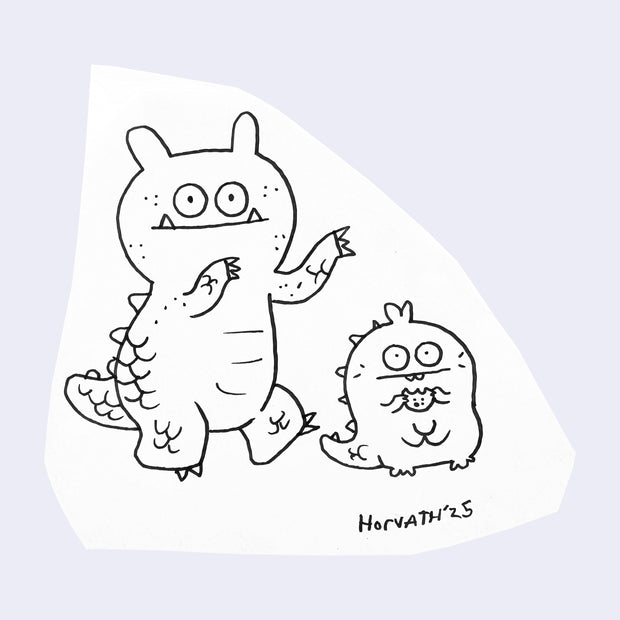 Two cartoon monsters on a white background with 'Horvath'25' signature.