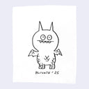 Black line drawing of a cartoonish bat/dinosaur creature on a white background