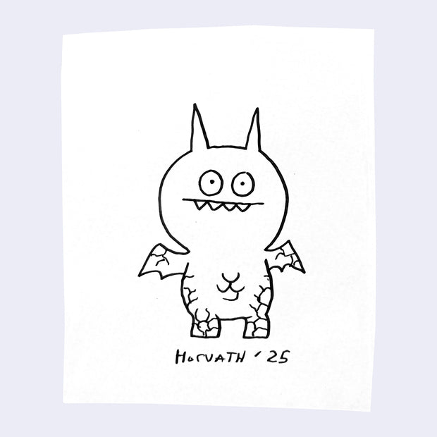 Black line drawing of a cartoonish bat/dinosaur creature on a white background