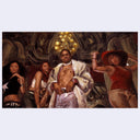 Artistic depiction of a group of people in an opulent setting with chandeliers.
