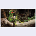 Green Kermit the frog character sitting on a log with a dark forest background