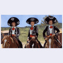 Three men in traditional Mexican attire with sombreros riding horses in a scenic setting.
