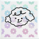 Cartoon dog face with a floral pattern in the background