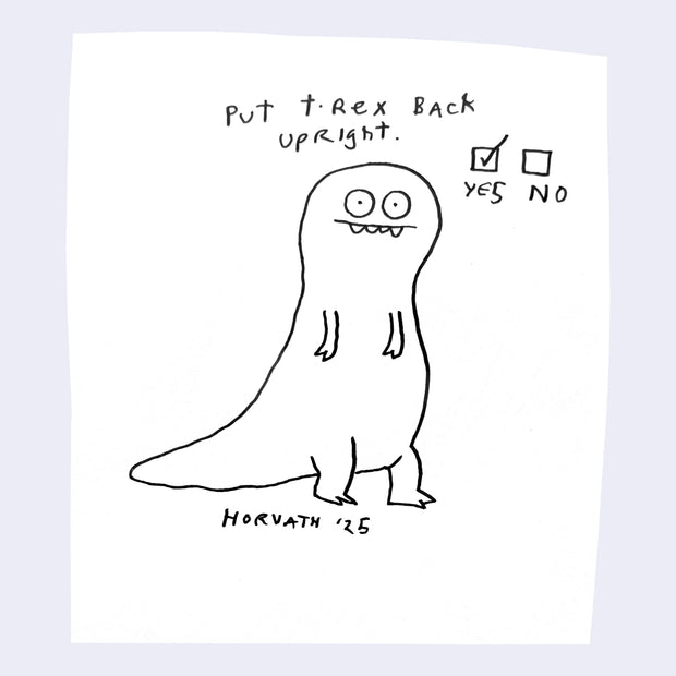 Cartoon drawing of a T. rex with a checkbox and text on a white background