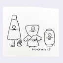 Simple line drawing of three cartoon characters with a signature 'Horvath '25' on a light purple background.
