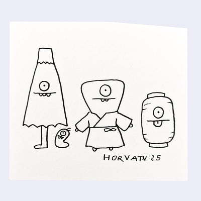 Simple line drawing of three cartoon characters with a signature 'Horvath '25' on a light purple background.