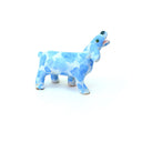 A small ceramic dog figurine with a light blue and white marbled pattern, featuring an open mouth showing pink mouth, white teeth, set against a plain white background.