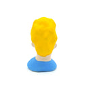 A small sculptural bust of a person viewed from the back, with bright yellow hair, a beige neck and ear, and a blue top, isolated on a white background.