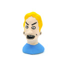 A small sculpted bust figure of a cartoon-style man with bright yellow hair, a beige face, black facial details, and a blue shirt on a plain white background.