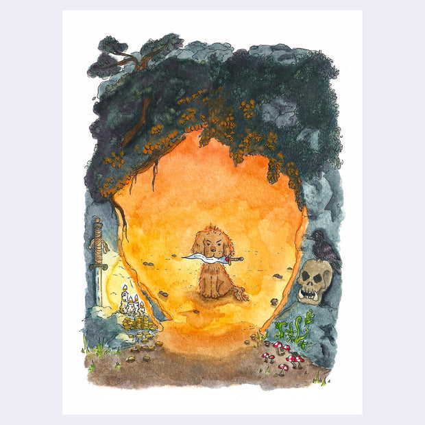 Painting of a small dog, sitting at the mouth of a cave with a dagger in its mouth. A bright orange and yellow glow comes out from the cave. Outside is a sword, candles, coins, a skull and a raven atop of it.