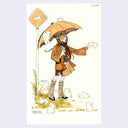 Marker and ink illustration of a girl in a jacket, skirt and scarf holding an umbrella over her head and reaching her hand out to falling bunnies.