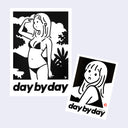 Two black and white illustrations with 'day by day' branding on a light gray background.