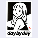 Illustration of a person with long hair and 'day by day' text on a light purple background