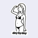 Illustration of a person in a bikini with 'day by day' text on a light purple background