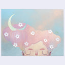 Illustration of a character with cloud-like hair and flowers within in. A crescent mon is in its hair, the subject set against a soft blue background.